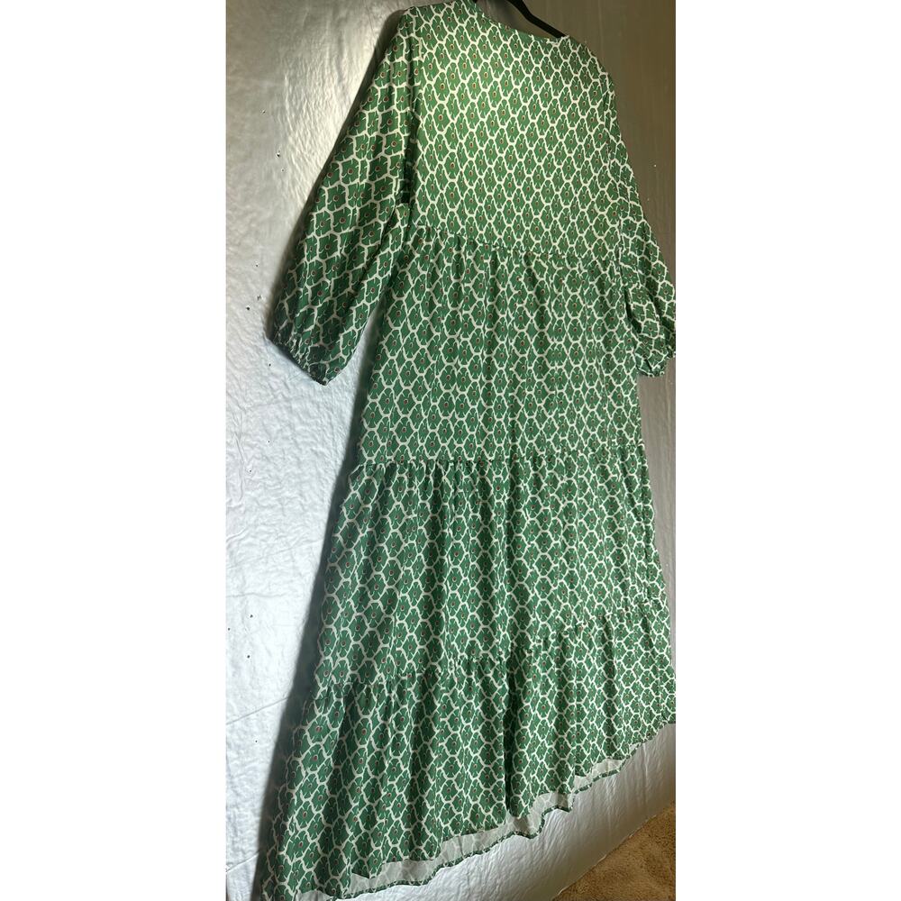 2X Green Geometric Maxi Dress Bubble Sleeve Tiered Boho Plus Size - Picture 7 of 12